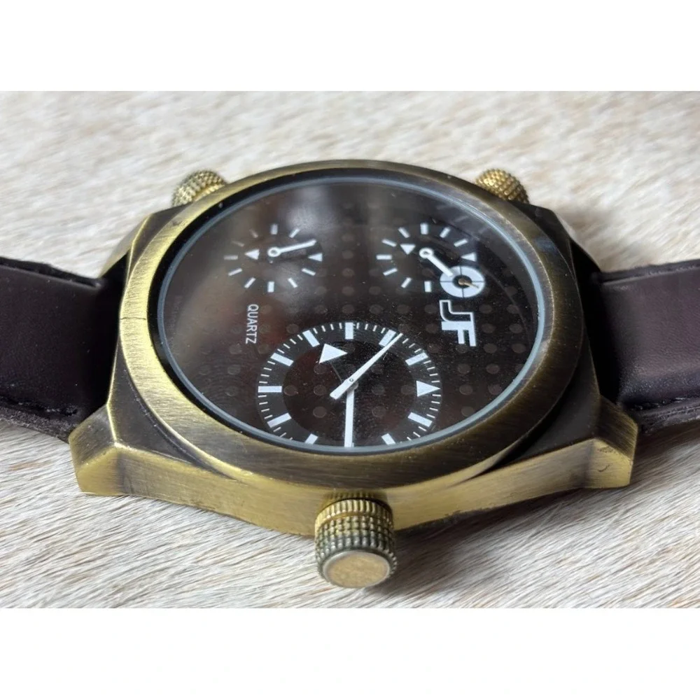 JF J. Ferrar Quartz Watch Brown Leather Band Black Dial Classic Dress‎ Watch